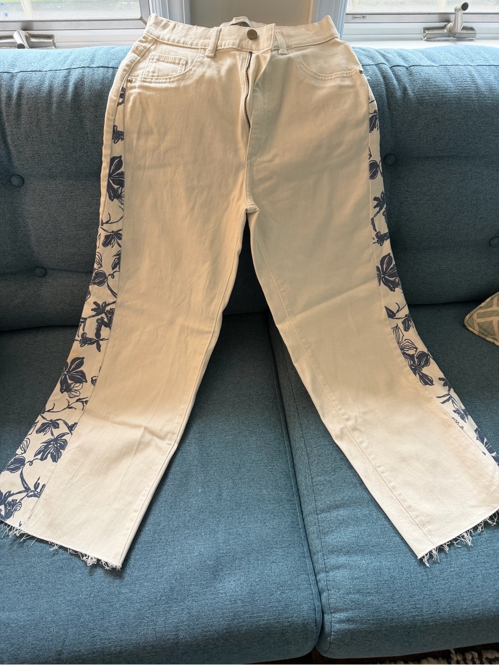 DL1961 Cream Wide-Leg Jeans with Navy Floral Side Panels